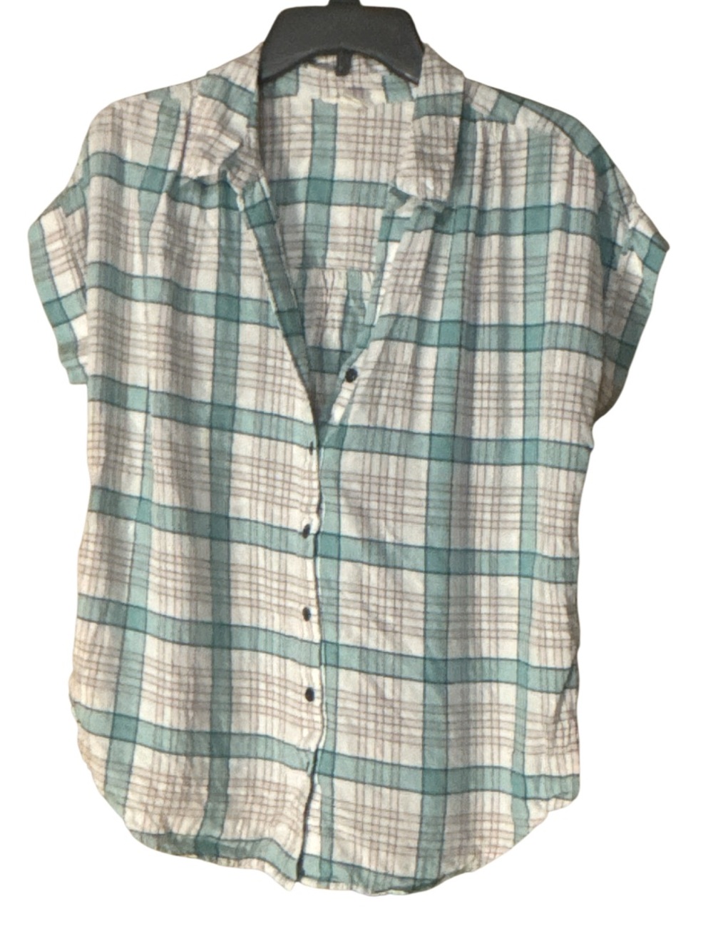 Caslon Light Teal and Off-White Plaid Short Sleeve Button Shirt - Size M - Picture 2 of 5